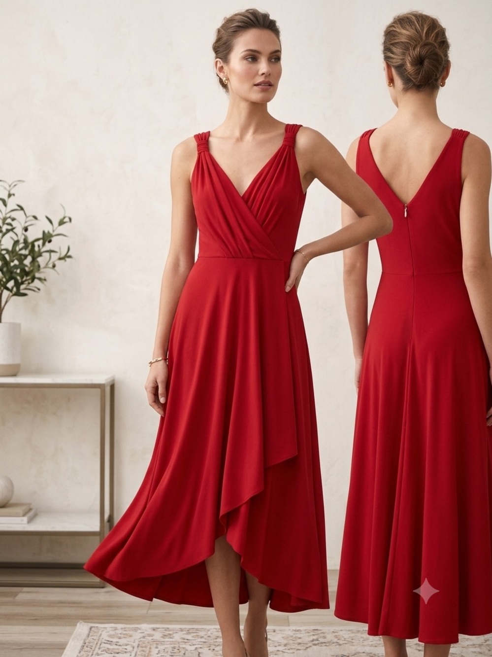 Donna Karan Red Sleeveless Wrap-Style Midi Dress